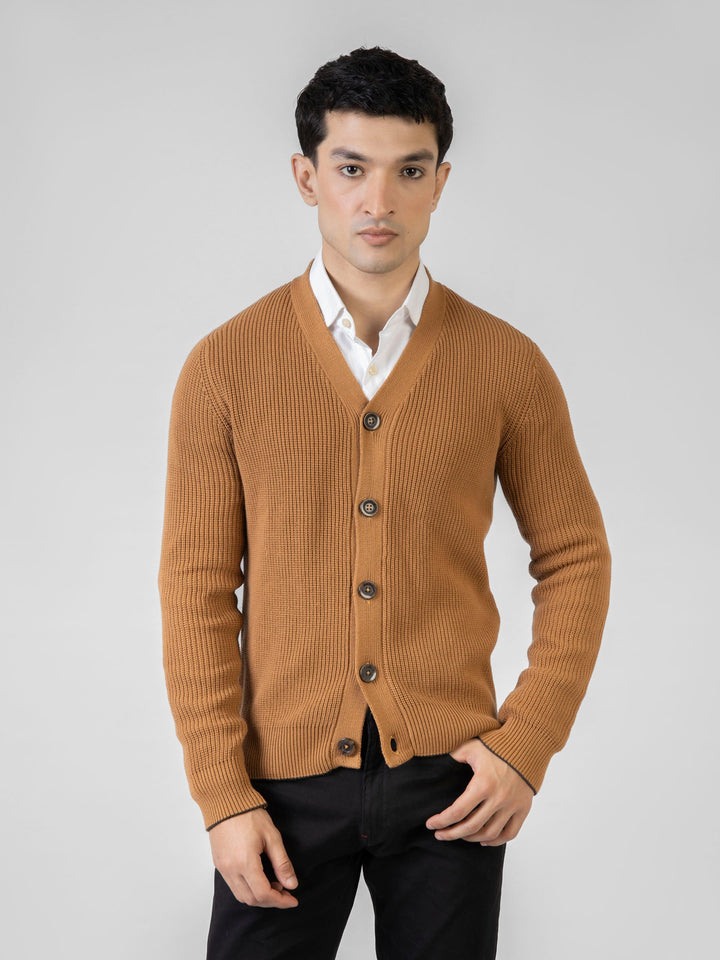 Camel Brown Ribbed V-Neck Cardigan Brumano Pakistan