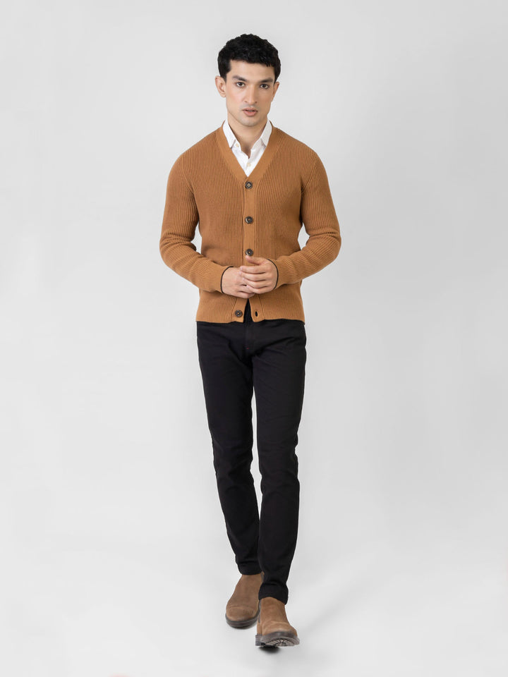 Camel Brown Ribbed V-Neck Cardigan Brumano Pakistan