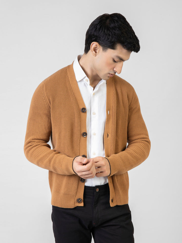 Camel Brown Ribbed V-Neck Cardigan Brumano Pakistan