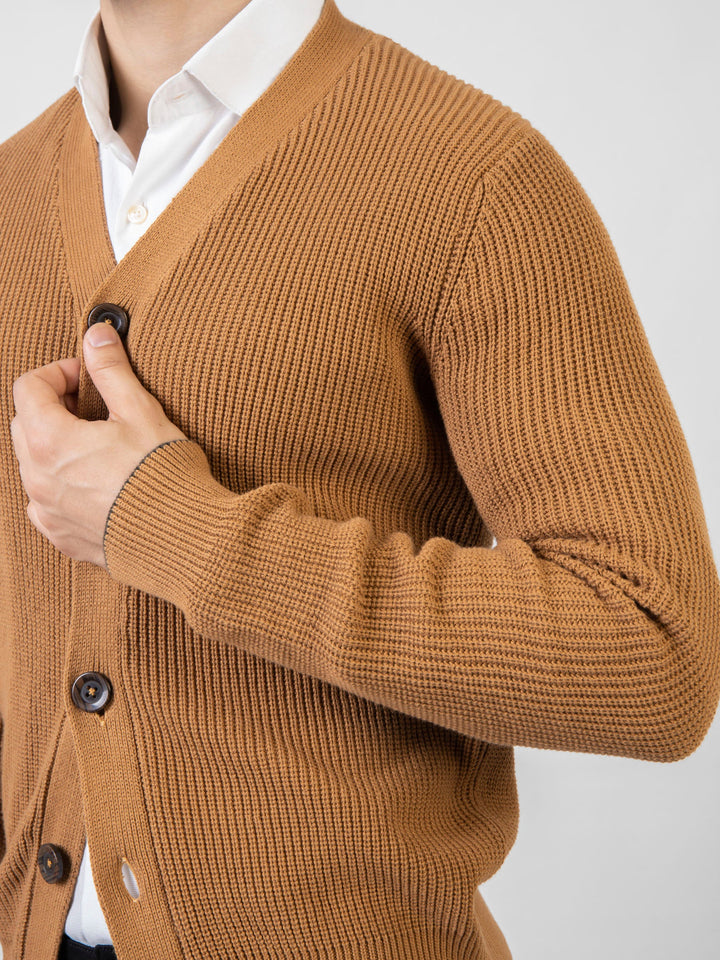 Camel Brown Ribbed V-Neck Cardigan Brumano Pakistan