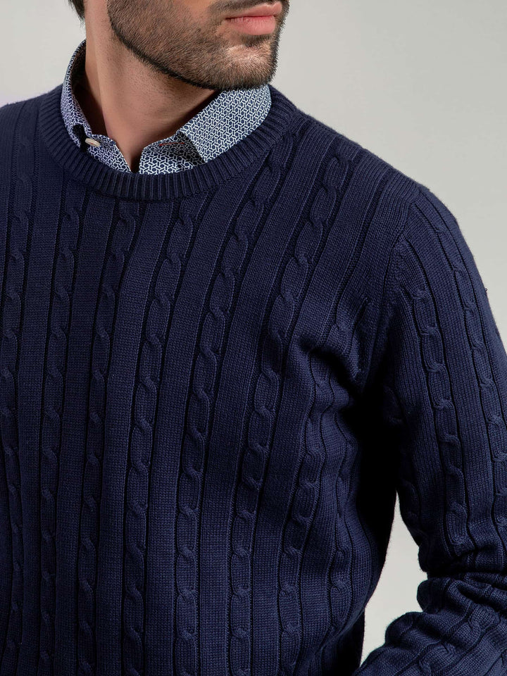 Classic Navy Cable Knit Crew Neck Sweater Brumano Pakistan