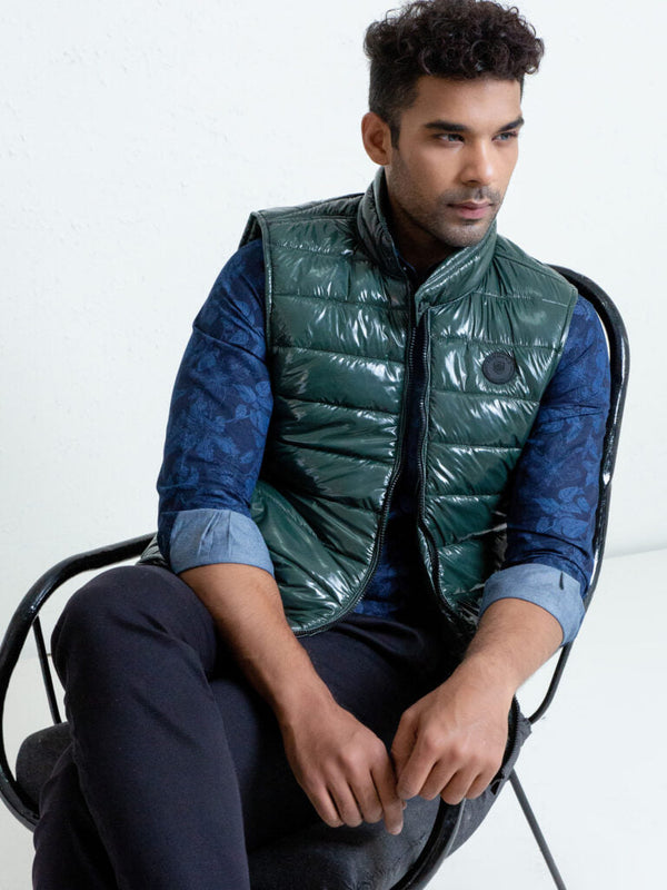 Dark Green Shiny Puffer Sleeveless Vest Brumano Pakistan