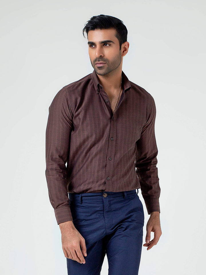 Dark Brown Striped Button Down Shirt Brumano Pakistan