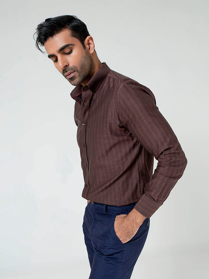 Dark Brown Striped Button Down Shirt Brumano Pakistan