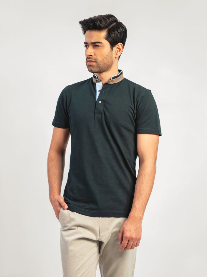 Dark Green Mao Collar Polo Shirt With Detailing Brumano Pakistan