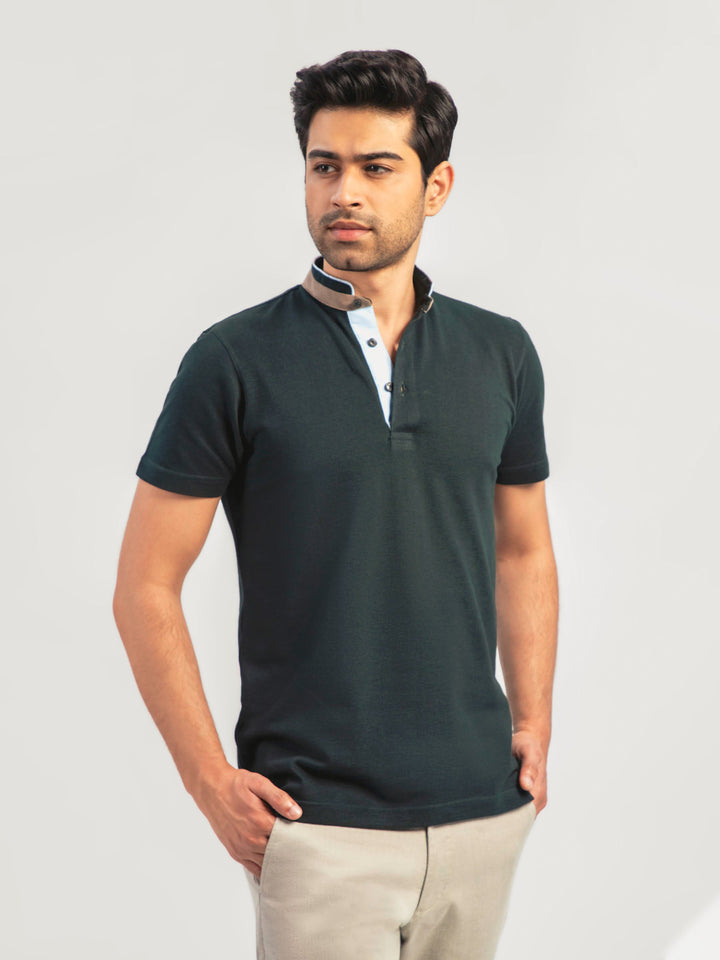 Dark Green Mao Collar Polo Shirt With Detailing Brumano Pakistan