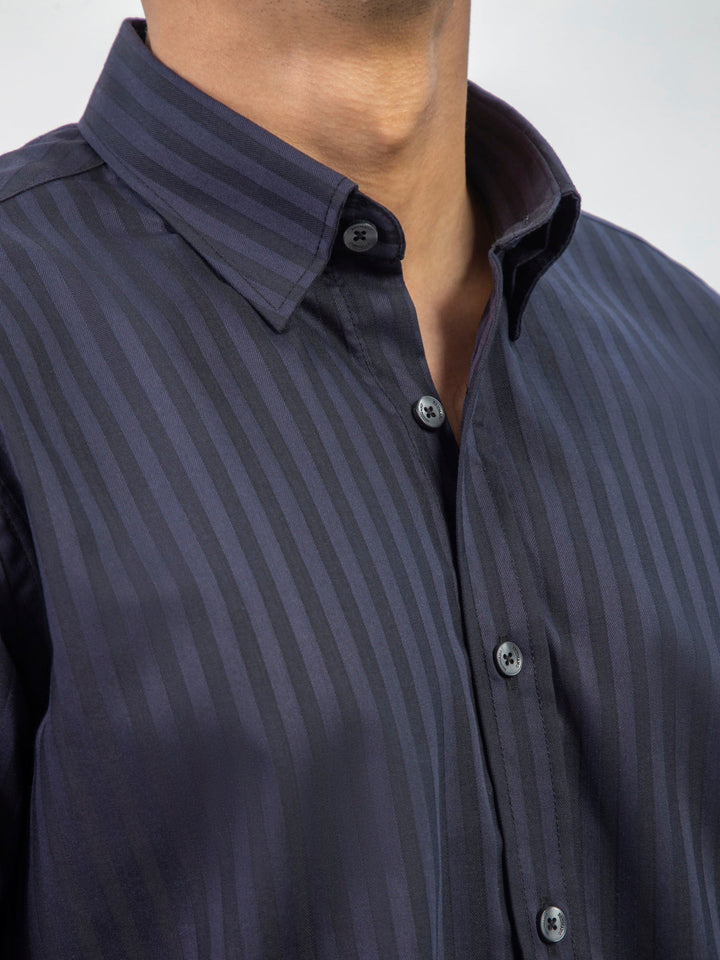 Dark Navy Striped Formal Shirt With Inside Button Down Collar Brumano Pakistan