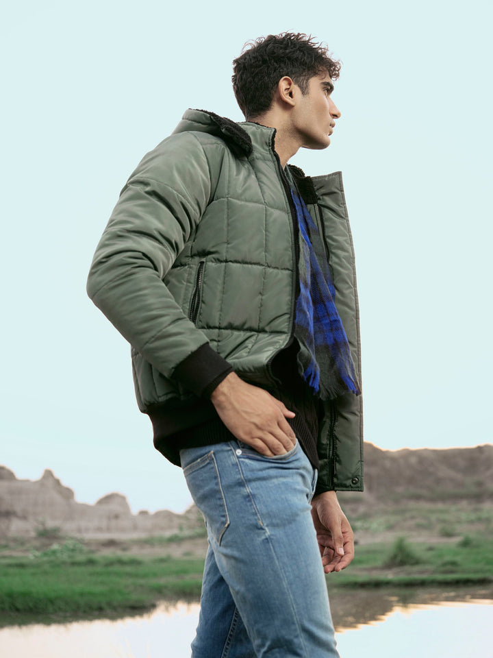 Green Quilted Puffer Jacket With Detachable Hoodie Brumano Pakistan