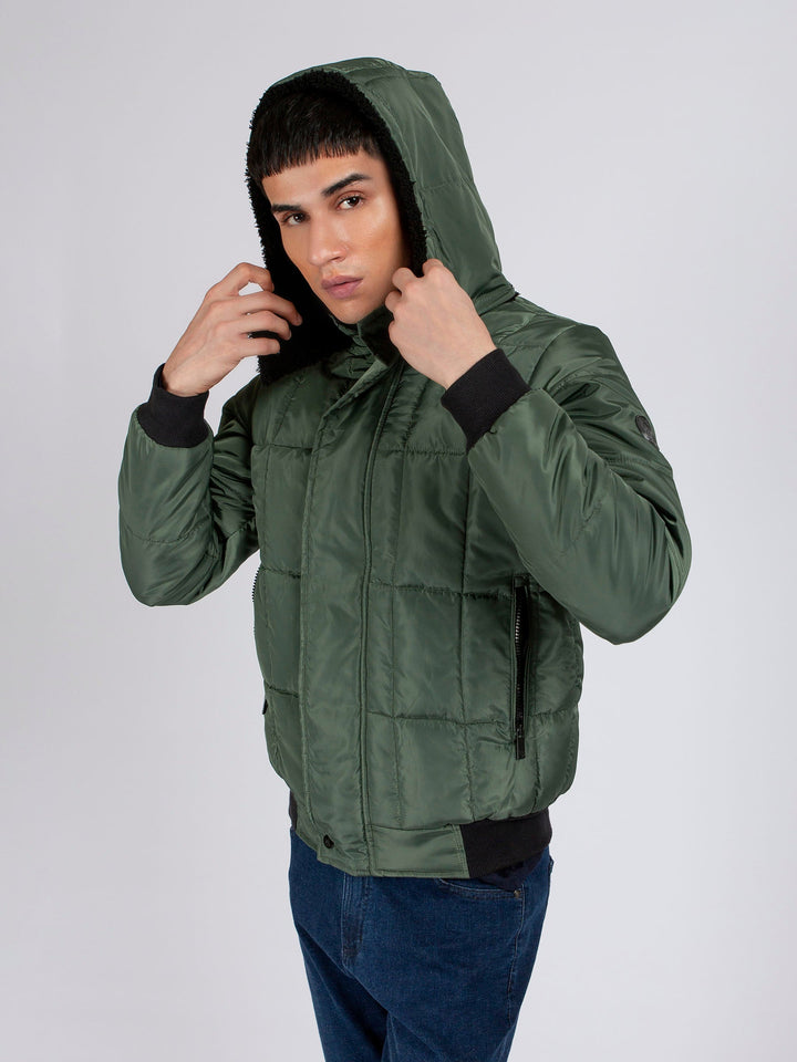 Green Quilted Puffer Jacket With Detachable Hoodie Brumano Pakistan