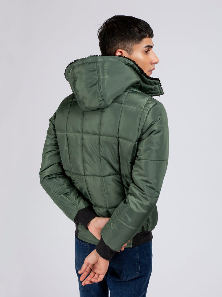 Green Quilted Puffer Jacket With Detachable Hoodie Brumano Pakistan