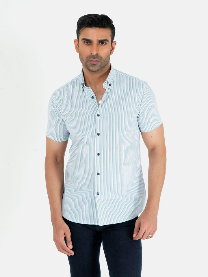 Green & White Striped Seersucked Half Sleeve Shirt Brumano Pakistan