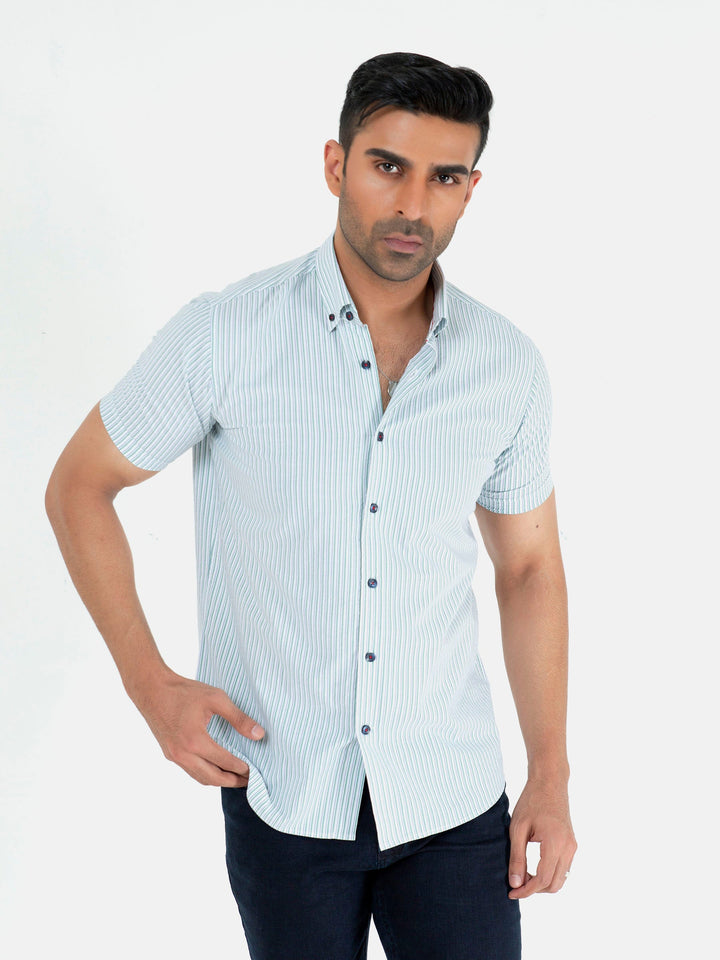 Green & White Striped Seersucked Half Sleeve Shirt Brumano Pakistan