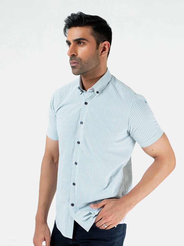 Green & White Striped Seersucked Half Sleeve Shirt Brumano Pakistan