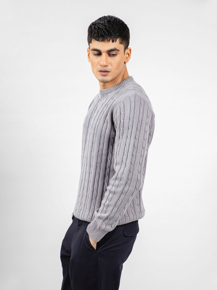 Grey Cable Knitted Crew Neck Jumper Brumano Pakistan