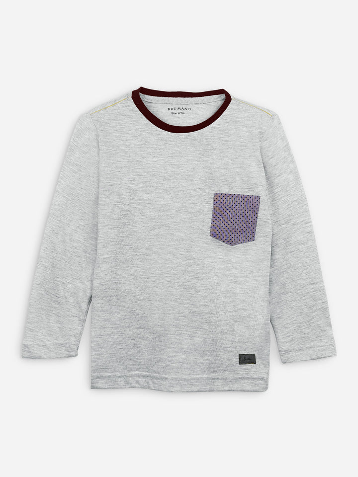 Grey Long Sleeve Casual T-Shirt With Pocket Brumano Pakistan