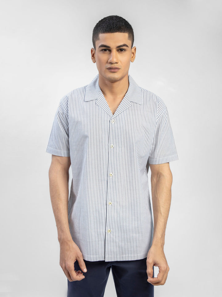 Grey Striped Half Sleeve Cuban Collar Shirt Brumano Pakistan