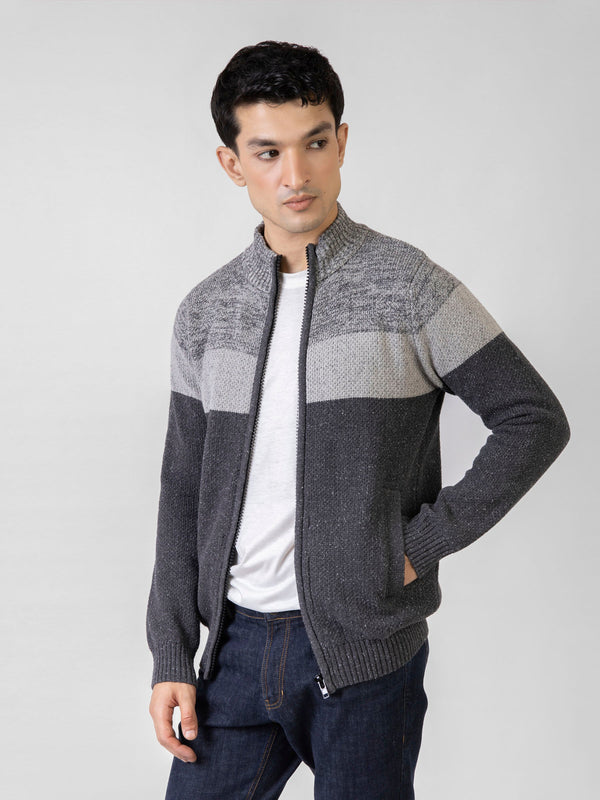 Grey Two Tone Chunky Knitted Zipper Jacket