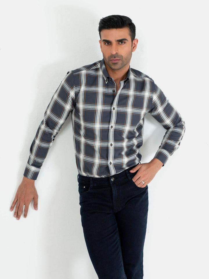 Grey & Beige Large Checkered Button Down Shirt Brumano Pakistan