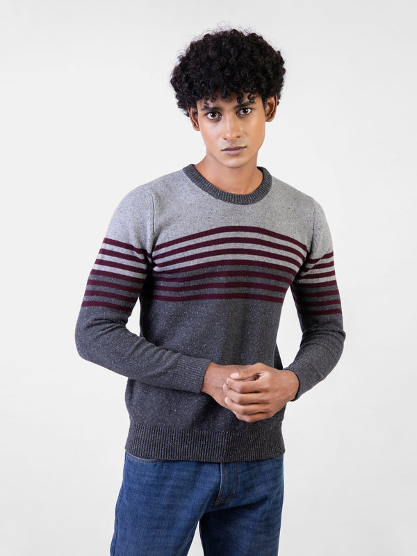 Grey & Burgundy Contrasting Striped Crew Neck Jumper