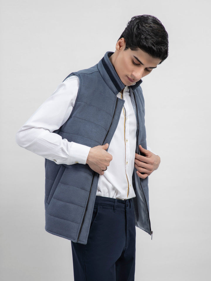 Greyish Blue Wool Blended Sleeveless Quilted Jacket Brumano Pakistan