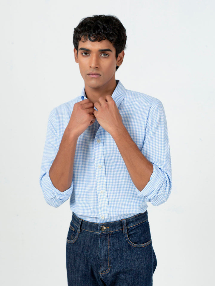 Light Blue Gingham CottonLinen Shirt Brumano Pakistan