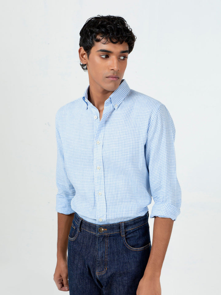 Light Blue Gingham CottonLinen Shirt Brumano Pakistan