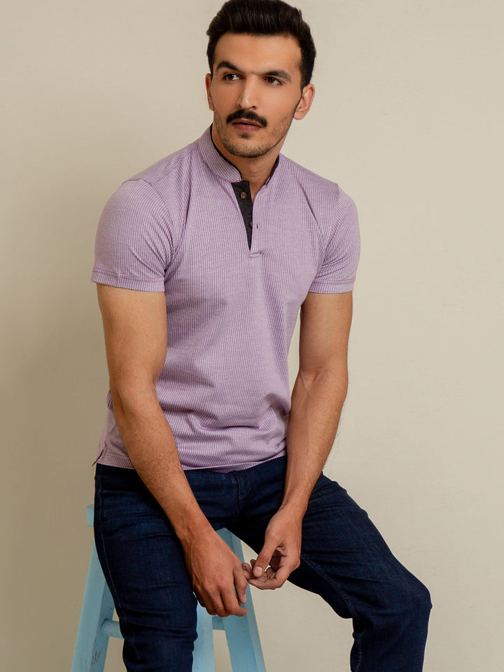 Lilac Herringbone Mao Collar Polo Shirt Brumano Pakistan