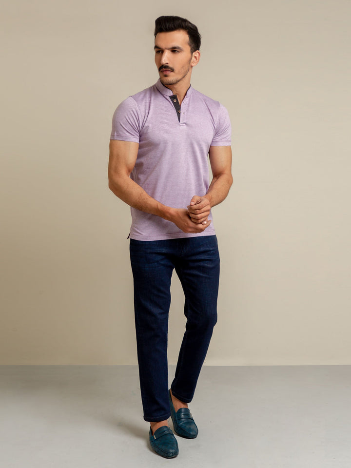 Lilac Herringbone Mao Collar Polo Shirt Brumano Pakistan