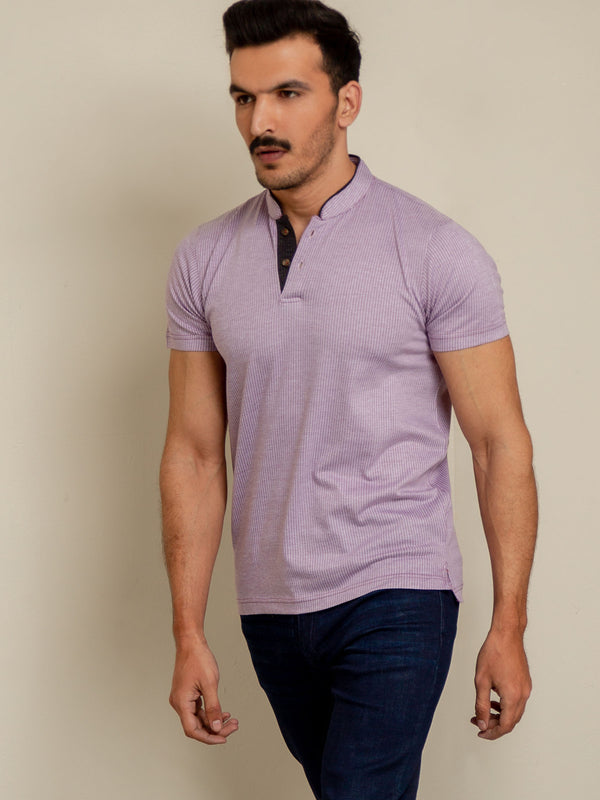 Lilac Herringbone Mao Collar Polo Shirt Brumano Pakistan