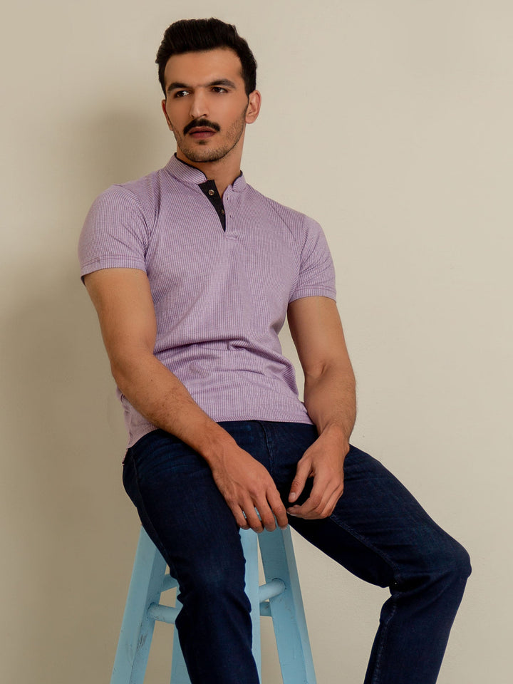 Lilac Herringbone Mao Collar Polo Shirt Brumano Pakistan