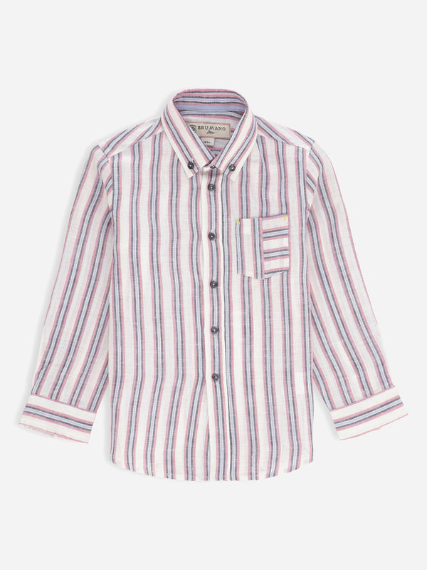 Lilac & Blue 100% Linen Striped Casual Shirt Brumano Pakistan 