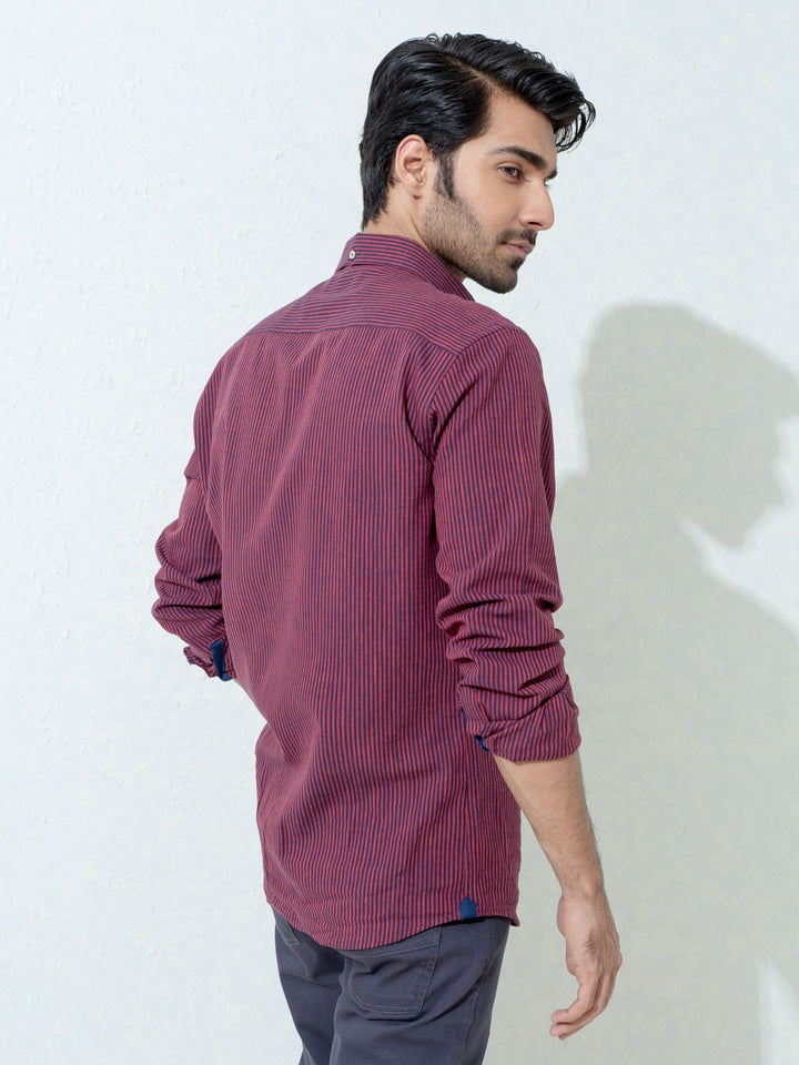 Maroon & Navy Striped Linen Shirt Brumano Pakistan