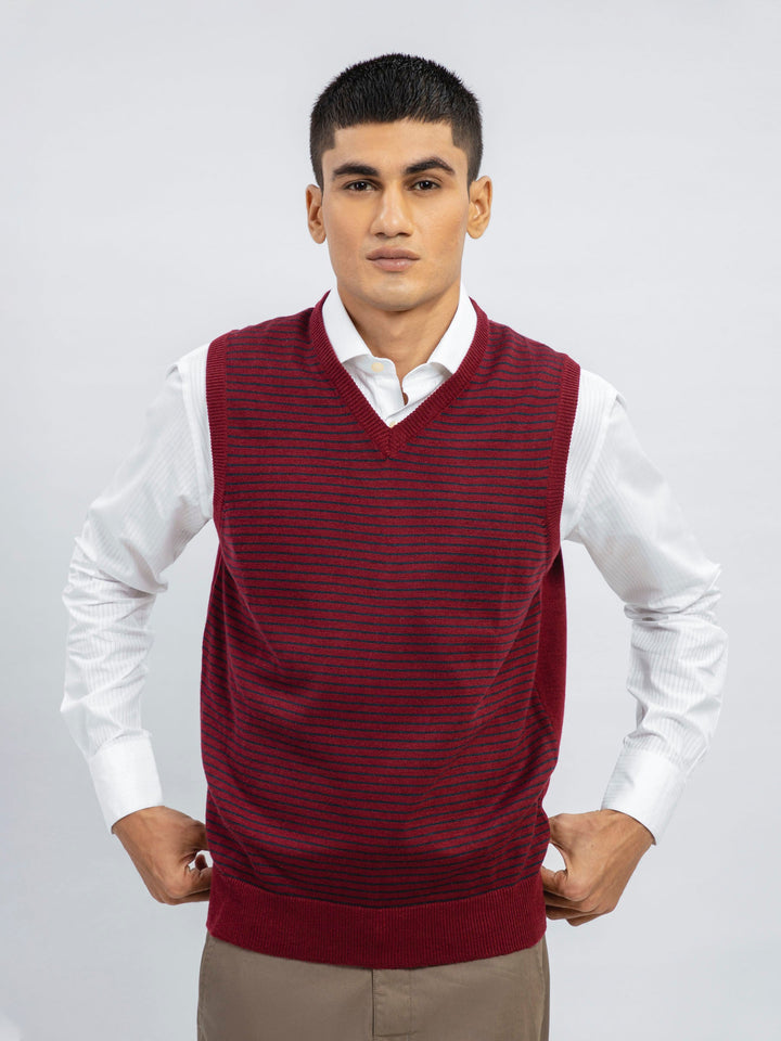 Maroon Striped Wool Blended Sleeveless Sweater Brumano Pakistan