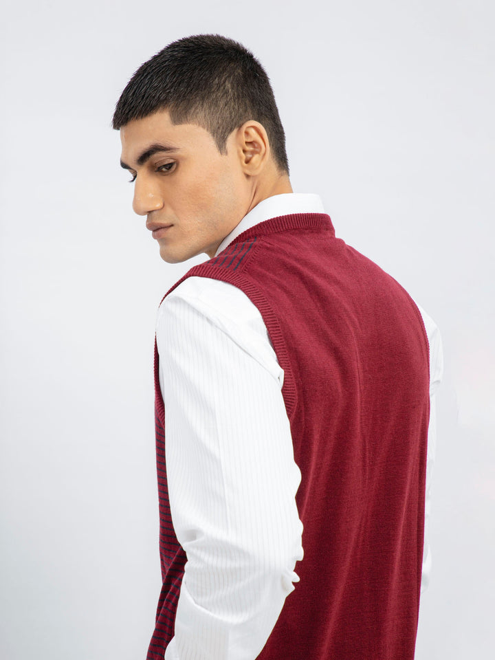 Maroon Striped Wool Blended Sleeveless Sweater Brumano Pakistan