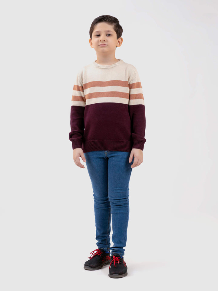 Maroon & Beige Striped Crew Neck Casual Jumper Brumano Pakistan