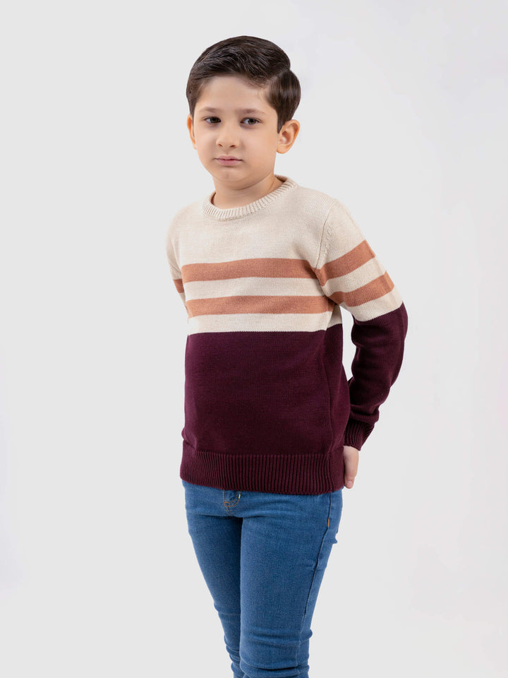 Maroon & Beige Striped Crew Neck Casual Jumper Brumano Pakistan