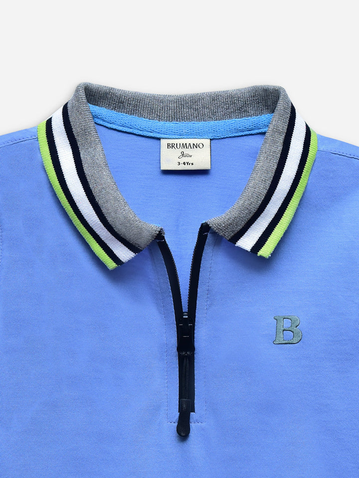 Mid Blue Interlock Zipper Polo With Contrasting Collar Brumano Pakistan