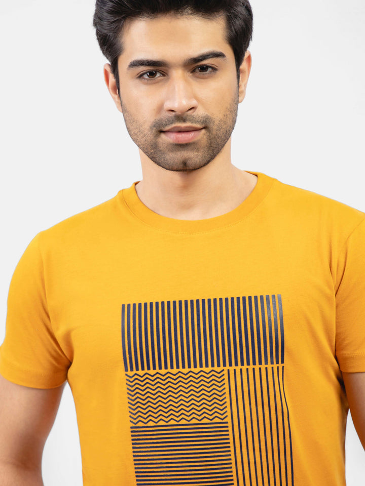 Mustard Abstract 3d Printed Crew Neck T-Shirt Brumano Pakistan