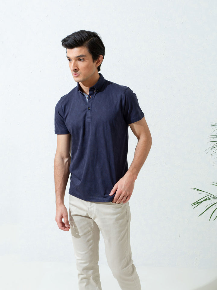 Navy Blue Jacquard Polo Shirt With Detailing Brumano Pakistan