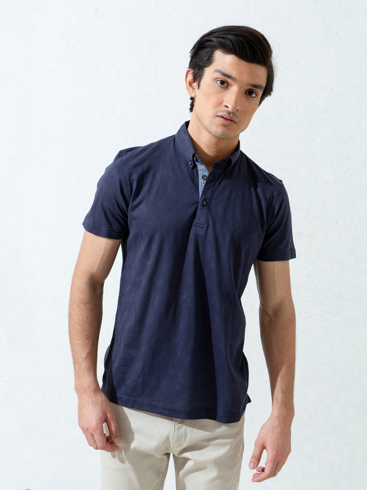 Navy Blue Jacquard Polo Shirt With Detailing Brumano Pakistan