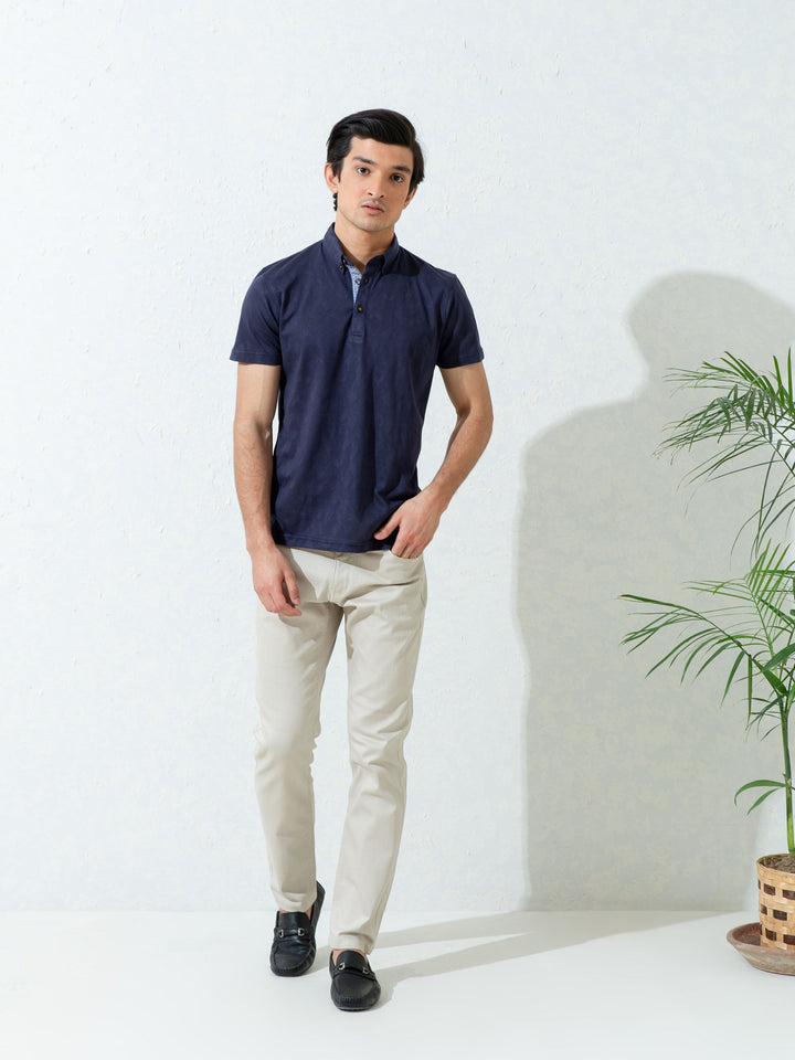 Navy Blue Jacquard Polo Shirt With Detailing Brumano Pakistan