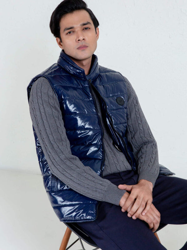 Navy Blue Shiny Puffer Sleeveless Vest Brumano Pakistan