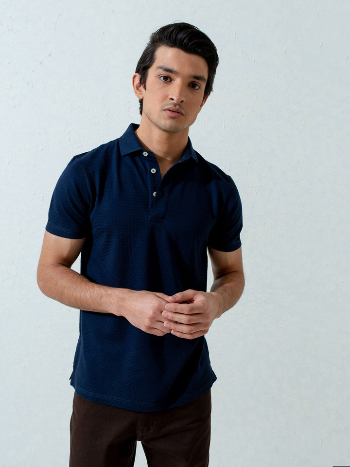 Navy Blue Textured Polo With Classic Collar Brumano Pakistan