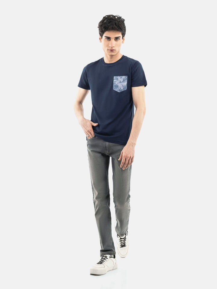 Navy Blue Crew Neck T-Shirt With Printed Pocket Brumano Pakistan