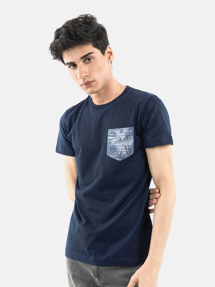 Navy Blue Crew Neck T-Shirt With Printed Pocket Brumano Pakistan