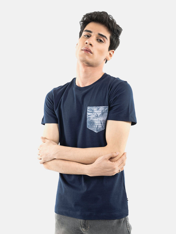 Navy Blue Crew Neck T-Shirt With Printed Pocket Brumano Pakistan