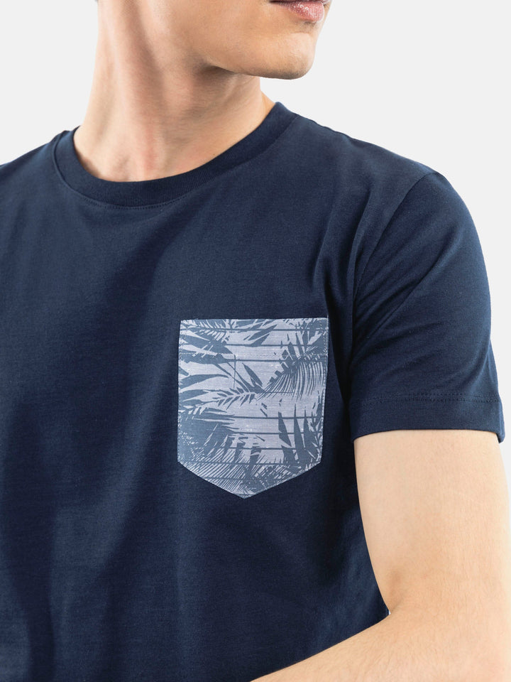 Navy Blue Crew Neck T-Shirt With Printed Pocket Brumano Pakistan