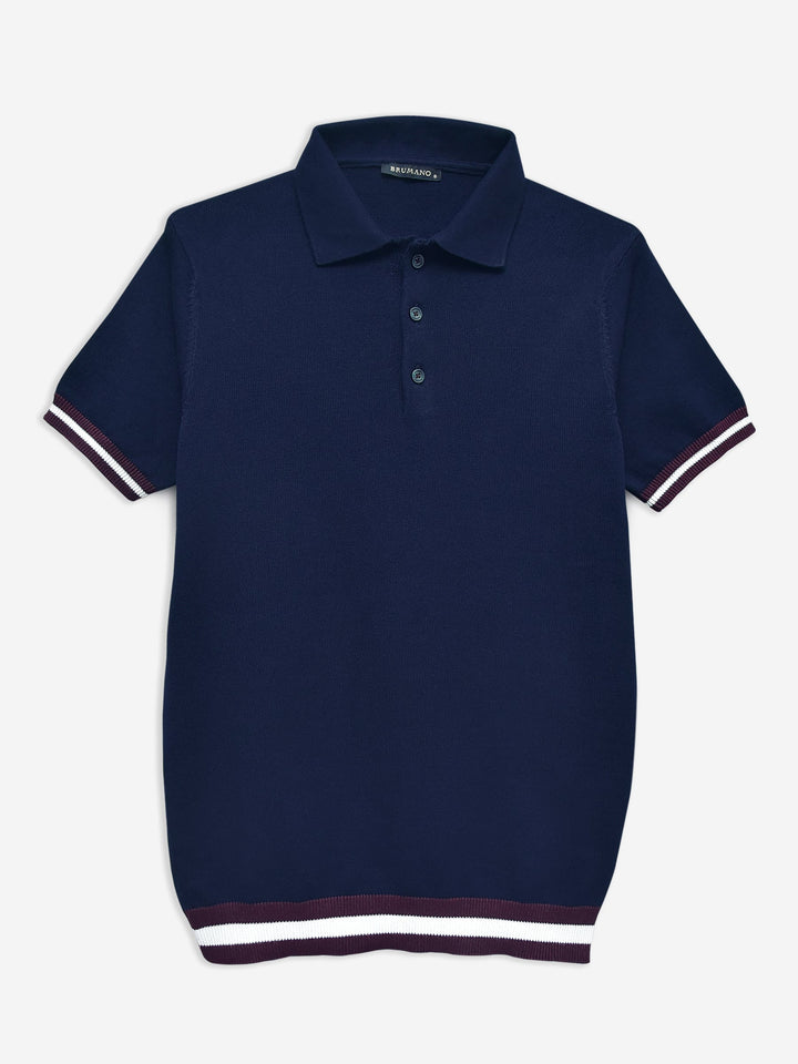 Navy Blue Flat Knit Polo With Contrasting Rib Brumano Pakistan