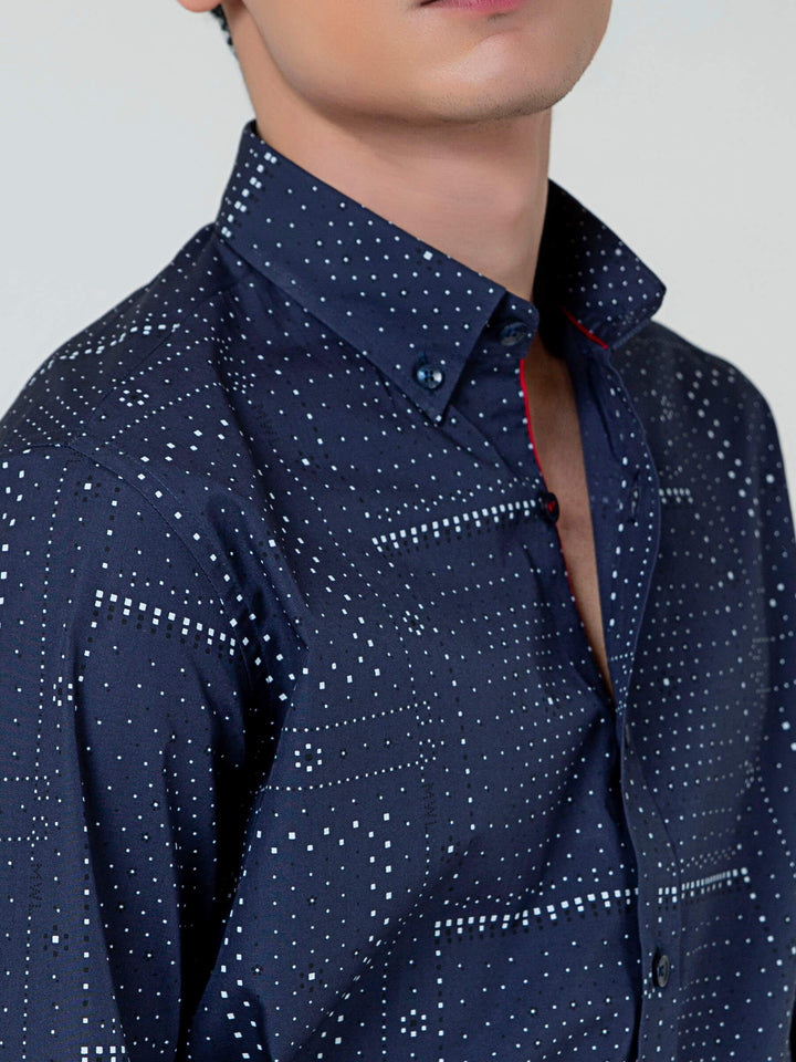 Navy Blue Geometric Printed Button Down Shirt Brumano Pakistan