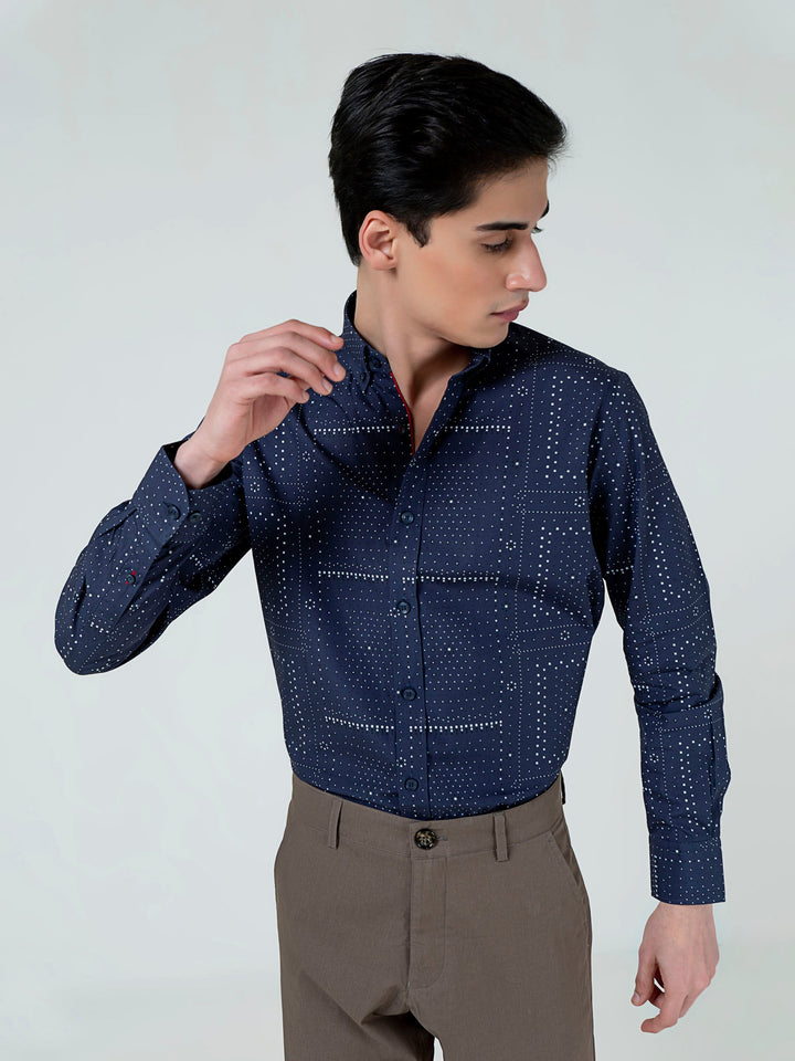 Navy Blue Geometric Printed Button Down Shirt Brumano Pakistan